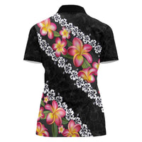 Black Polynesia Women Polo Shirt Plumeria With Hibiscus Pattern Tropical Vibes LT14 - Polynesian Pride
