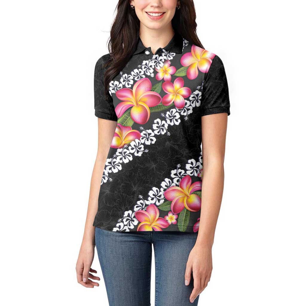 Black Polynesia Women Polo Shirt Plumeria With Hibiscus Pattern Tropical Vibes LT14 - Polynesian Pride