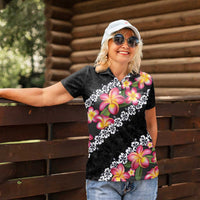 Black Polynesia Women Polo Shirt Plumeria With Hibiscus Pattern Tropical Vibes LT14 - Polynesian Pride