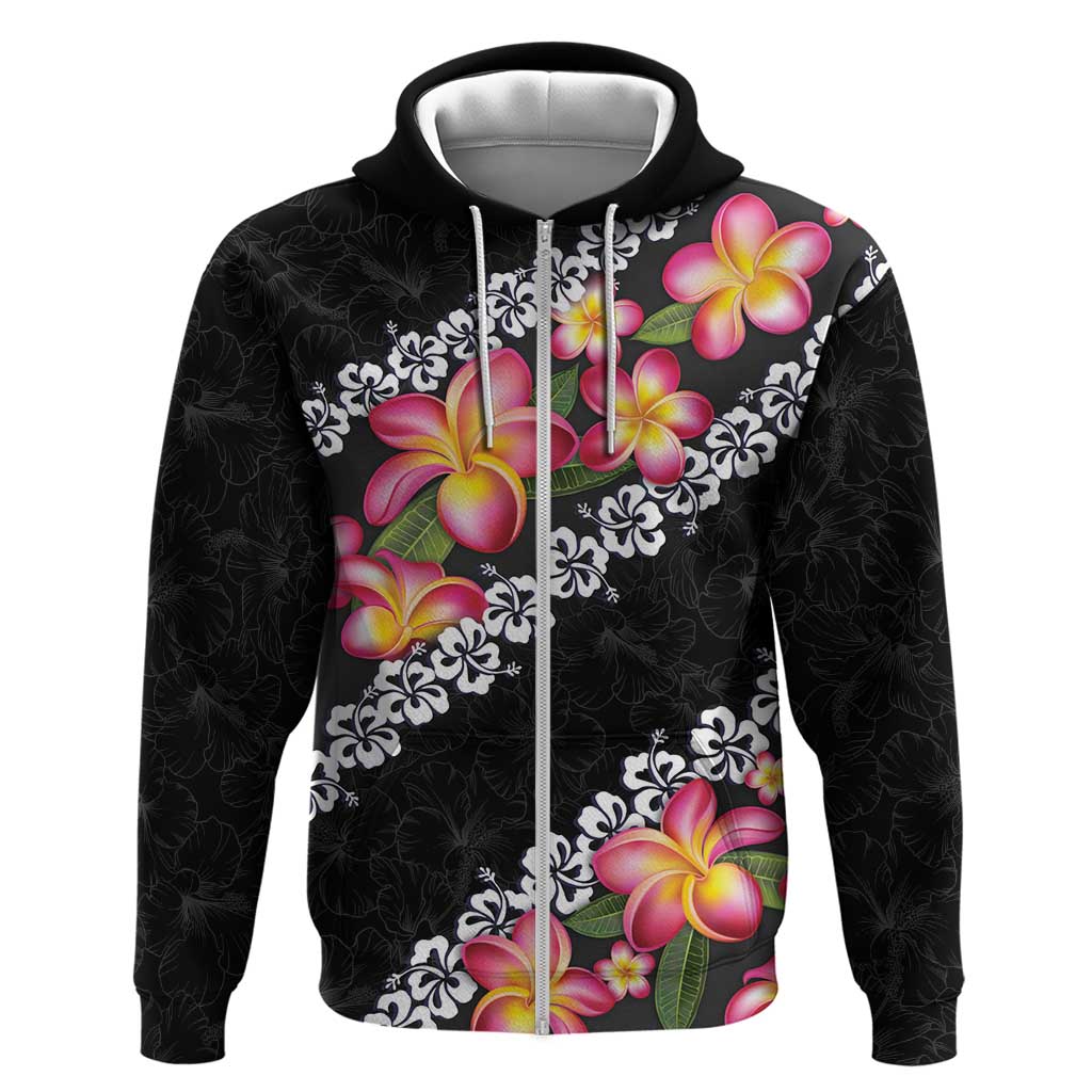 Black Polynesia Zip Hoodie Plumeria With Hibiscus Pattern Tropical Vibes LT14 Zip Hoodie Black - Polynesian Pride