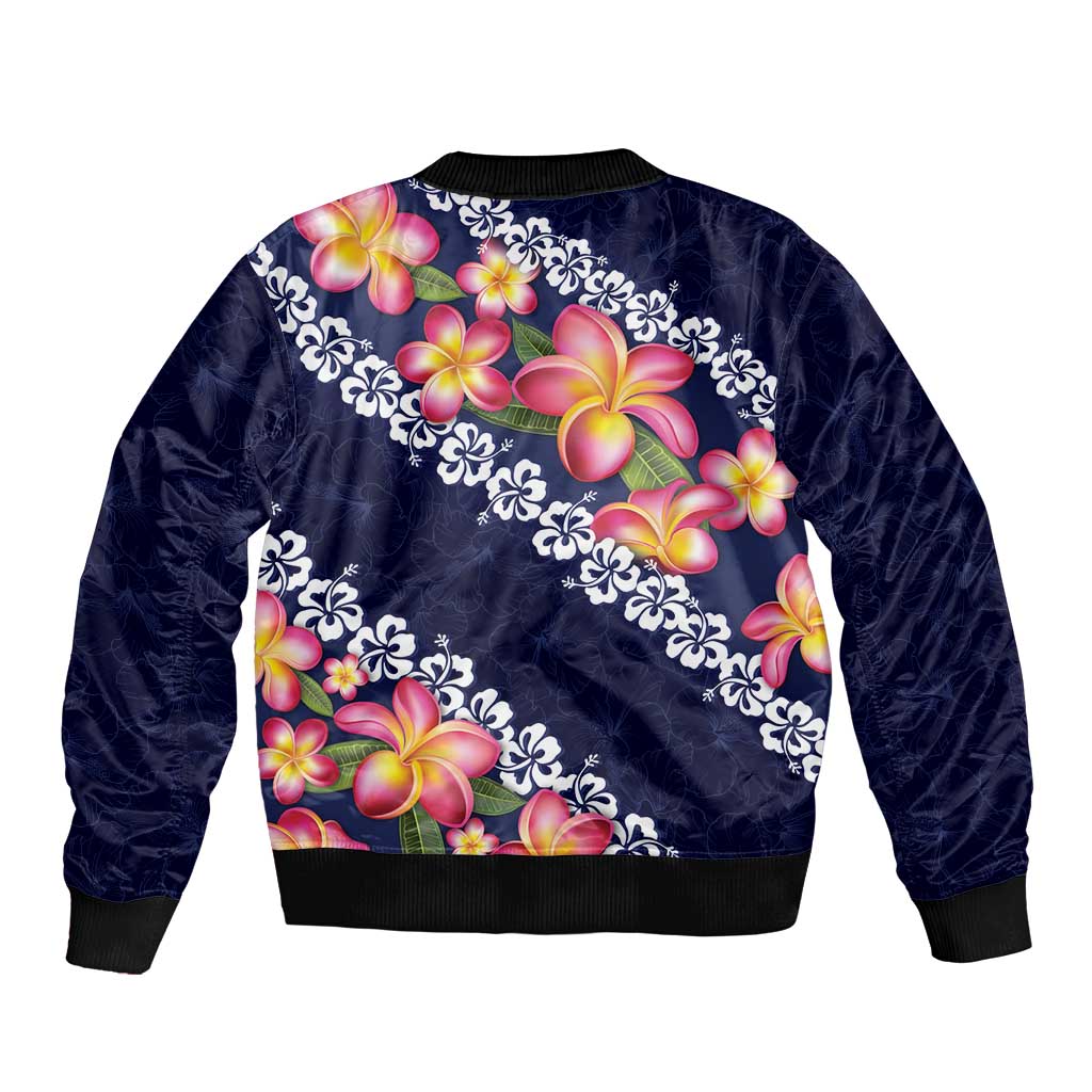 Blue Polynesia Bomber Jacket Plumeria With Hibiscus Pattern Tropical Vibes LT14 - Polynesian Pride