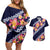 Blue Polynesia Couples Matching Off Shoulder Short Dress and Hawaiian Shirt Plumeria With Hibiscus Pattern Tropical Vibes