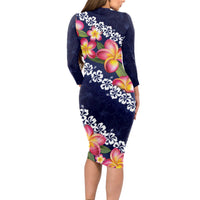 Blue Polynesia Long Sleeve Bodycon Dress Plumeria With Hibiscus Pattern Tropical Vibes LT14 - Polynesian Pride