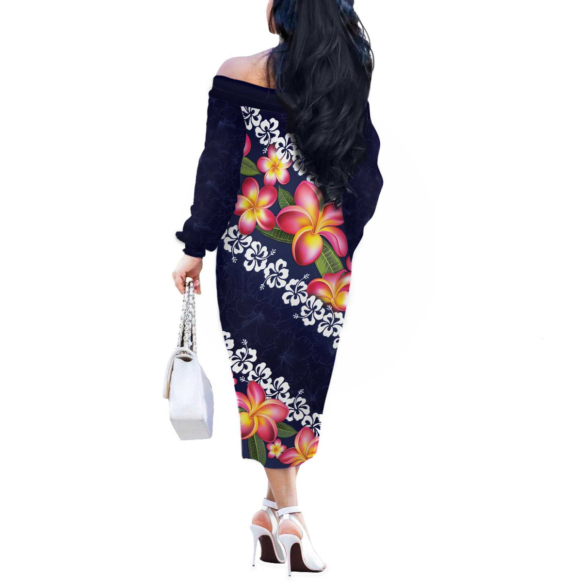 Blue Polynesia Off The Shoulder Long Sleeve Dress Plumeria With Hibiscus Pattern Tropical Vibes LT14 - Polynesian Pride