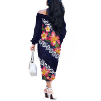 Blue Polynesia Off The Shoulder Long Sleeve Dress Plumeria With Hibiscus Pattern Tropical Vibes LT14 - Polynesian Pride
