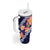 Blue Polynesia Tumbler With Handle Plumeria With Hibiscus Pattern Tropical Vibes