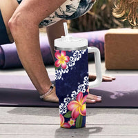 Blue Polynesia Tumbler With Handle Plumeria With Hibiscus Pattern Tropical Vibes LT14 - Polynesian Pride