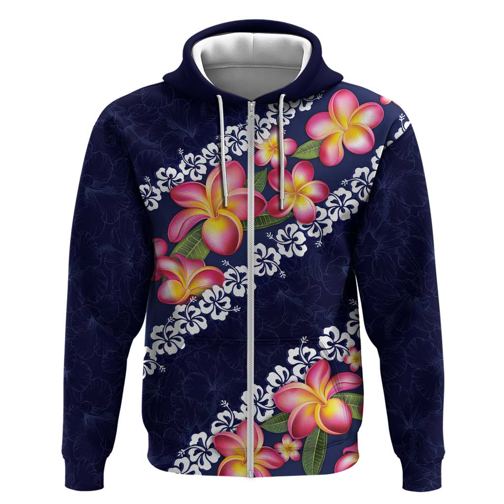Blue Polynesia Zip Hoodie Plumeria With Hibiscus Pattern Tropical Vibes LT14 Zip Hoodie Blue - Polynesian Pride