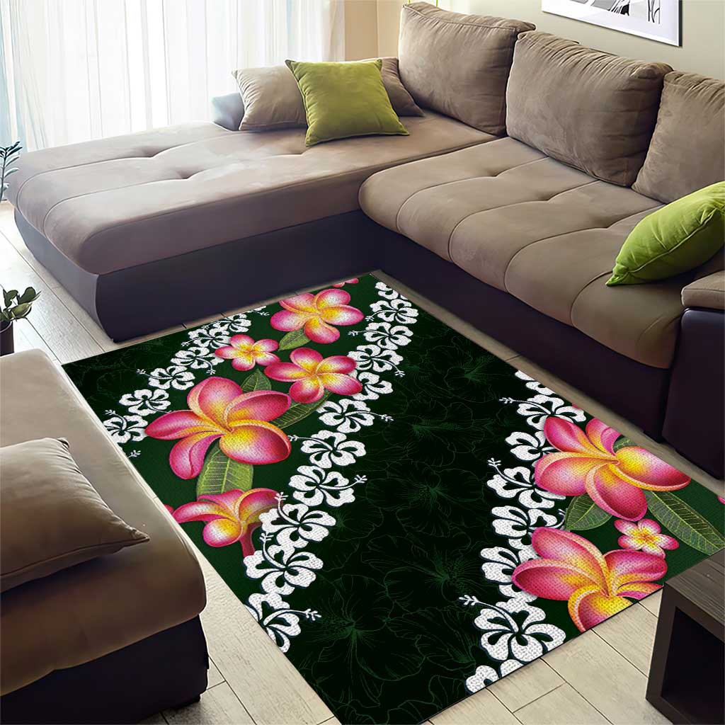 Green Polynesia Area Rug Plumeria With Hibiscus Pattern Tropical Vibes LT14 - Polynesian Pride
