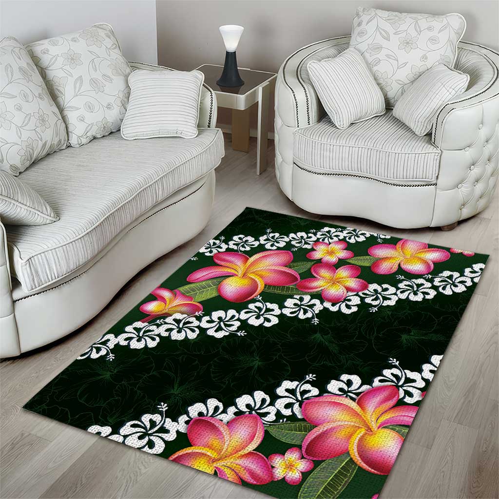 Green Polynesia Area Rug Plumeria With Hibiscus Pattern Tropical Vibes LT14 - Polynesian Pride