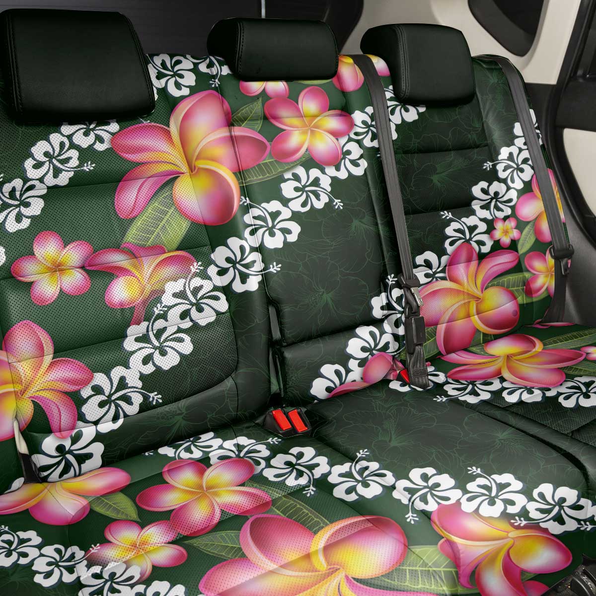 Green Polynesia Back Car Seat Cover Plumeria With Hibiscus Pattern Tropical Vibes LT14 - Polynesian Pride