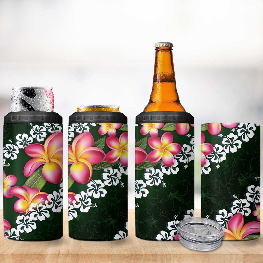 Green Polynesia 4 in 1 Can Cooler Tumbler Plumeria With Hibiscus Pattern Tropical Vibes LT14 - Polynesian Pride