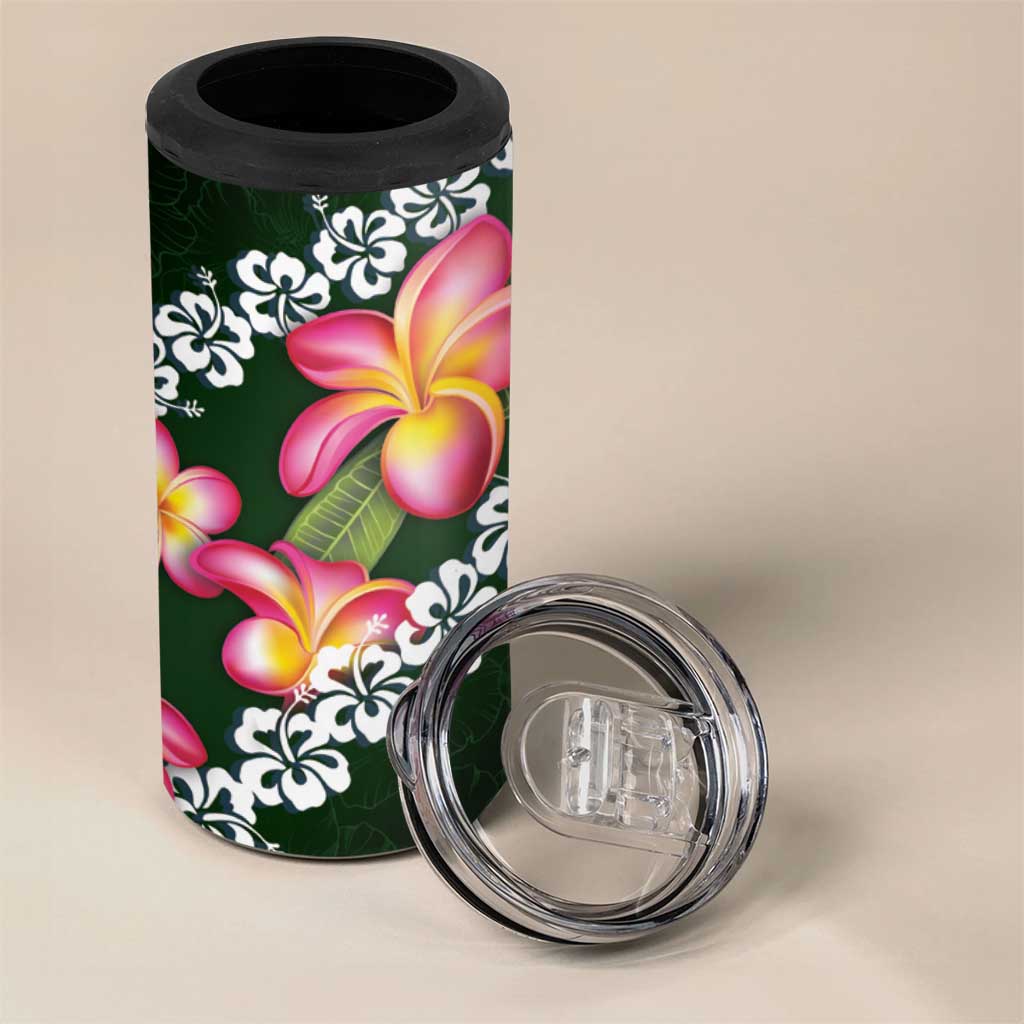 Green Polynesia 4 in 1 Can Cooler Tumbler Plumeria With Hibiscus Pattern Tropical Vibes LT14 - Polynesian Pride