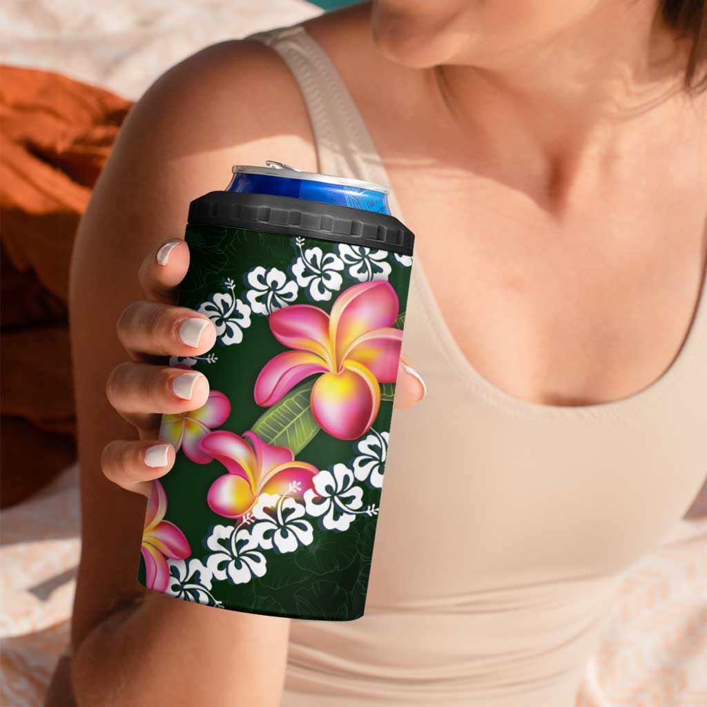 Green Polynesia 4 in 1 Can Cooler Tumbler Plumeria With Hibiscus Pattern Tropical Vibes LT14 - Polynesian Pride