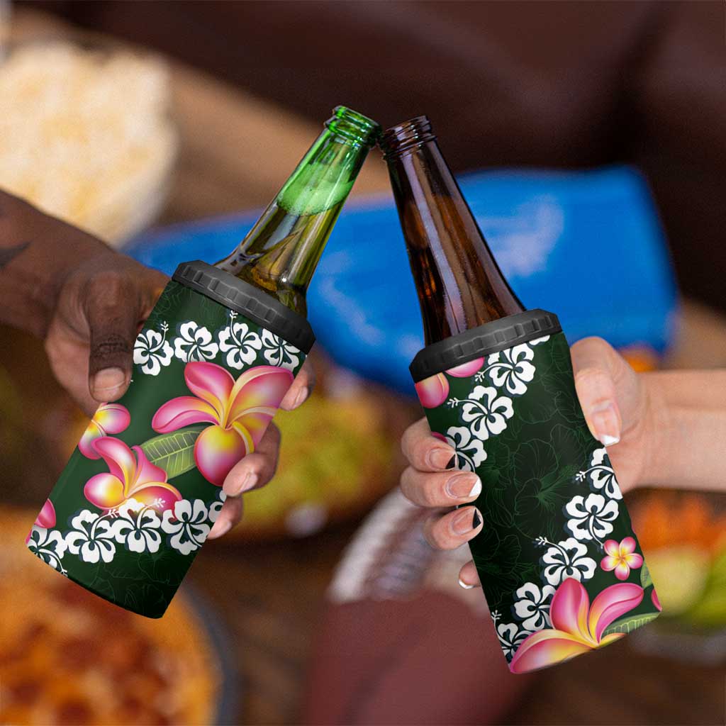 Green Polynesia 4 in 1 Can Cooler Tumbler Plumeria With Hibiscus Pattern Tropical Vibes LT14 - Polynesian Pride
