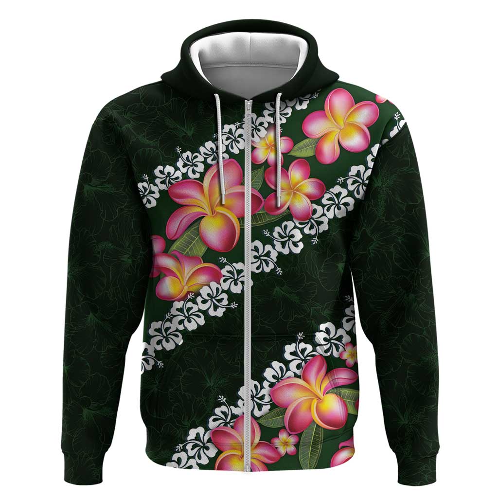 Green Polynesia Hoodie Plumeria With Hibiscus Pattern Tropical Vibes LT14 Zip Hoodie Green - Polynesian Pride