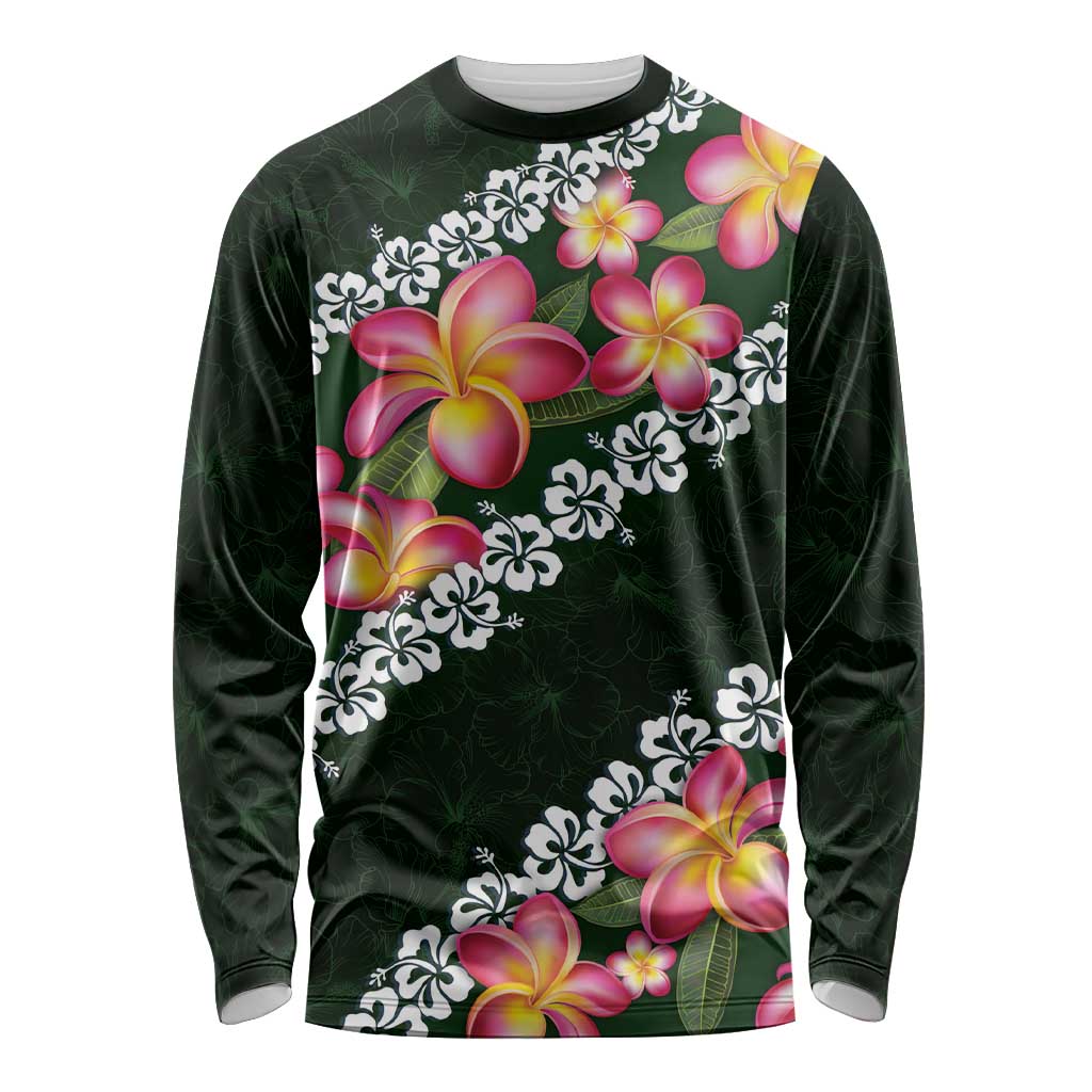 Green Polynesia Long Sleeve Shirt Plumeria With Hibiscus Pattern Tropical Vibes LT14 Unisex Green - Polynesian Pride
