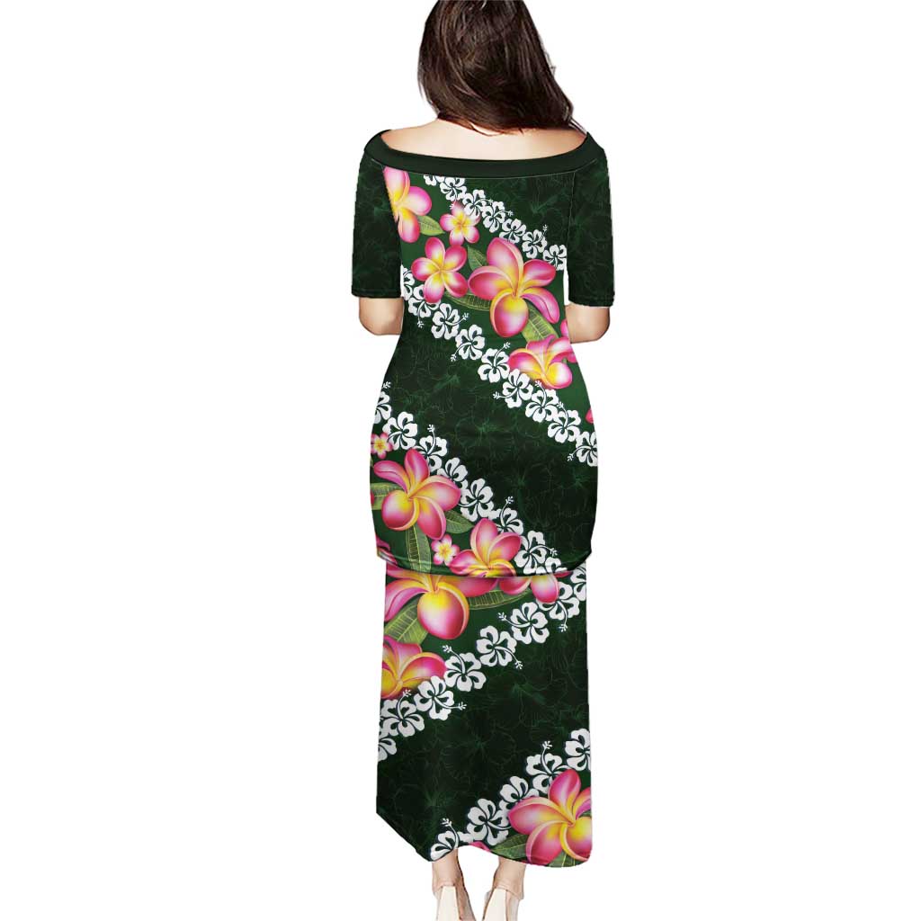 Green Polynesia Puletasi Plumeria With Hibiscus Pattern Tropical Vibes LT14 - Polynesian Pride