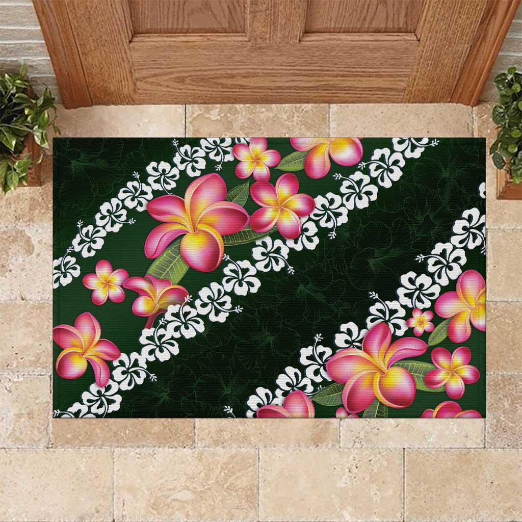 Green Polynesia Rubber Doormat Plumeria With Hibiscus Pattern Tropical Vibes LT14 Green - Polynesian Pride