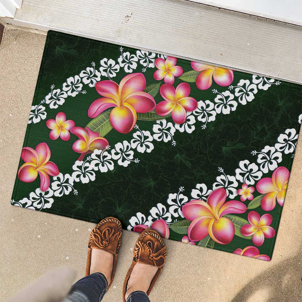Green Polynesia Rubber Doormat Plumeria With Hibiscus Pattern Tropical Vibes LT14 - Polynesian Pride