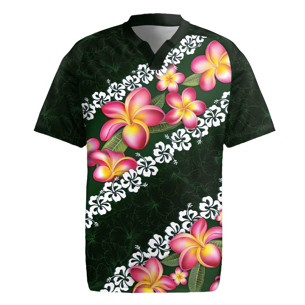 Green Polynesia Rugby Jersey Plumeria With Hibiscus Pattern Tropical Vibes LT14 Green - Polynesian Pride