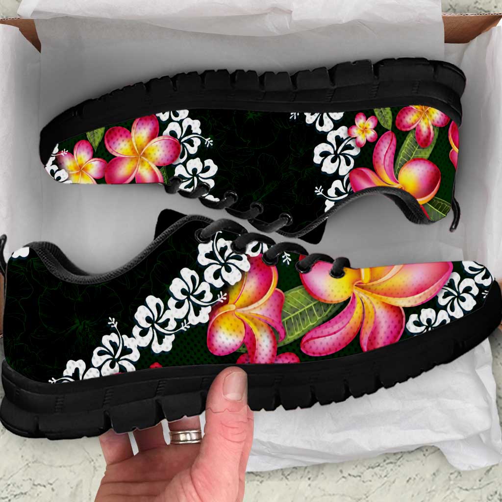 Green Polynesia Sneakers Plumeria With Hibiscus Pattern Tropical Vibes LT14 Green - Polynesian Pride
