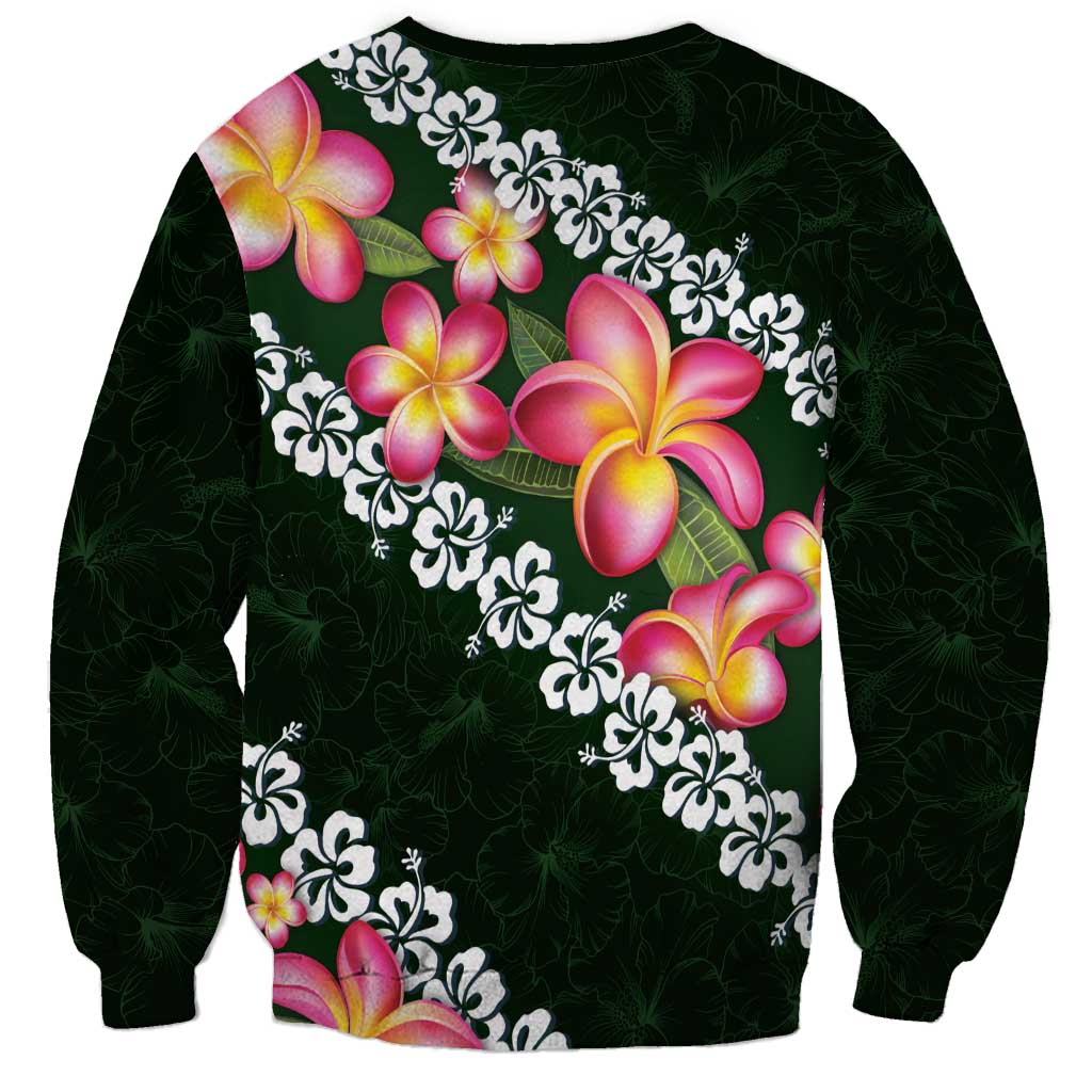 Green Polynesia Sweatshirt Plumeria With Hibiscus Pattern Tropical Vibes LT14 - Polynesian Pride