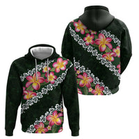 Green Polynesia Zip Hoodie Plumeria With Hibiscus Pattern Tropical Vibes LT14 - Polynesian Pride