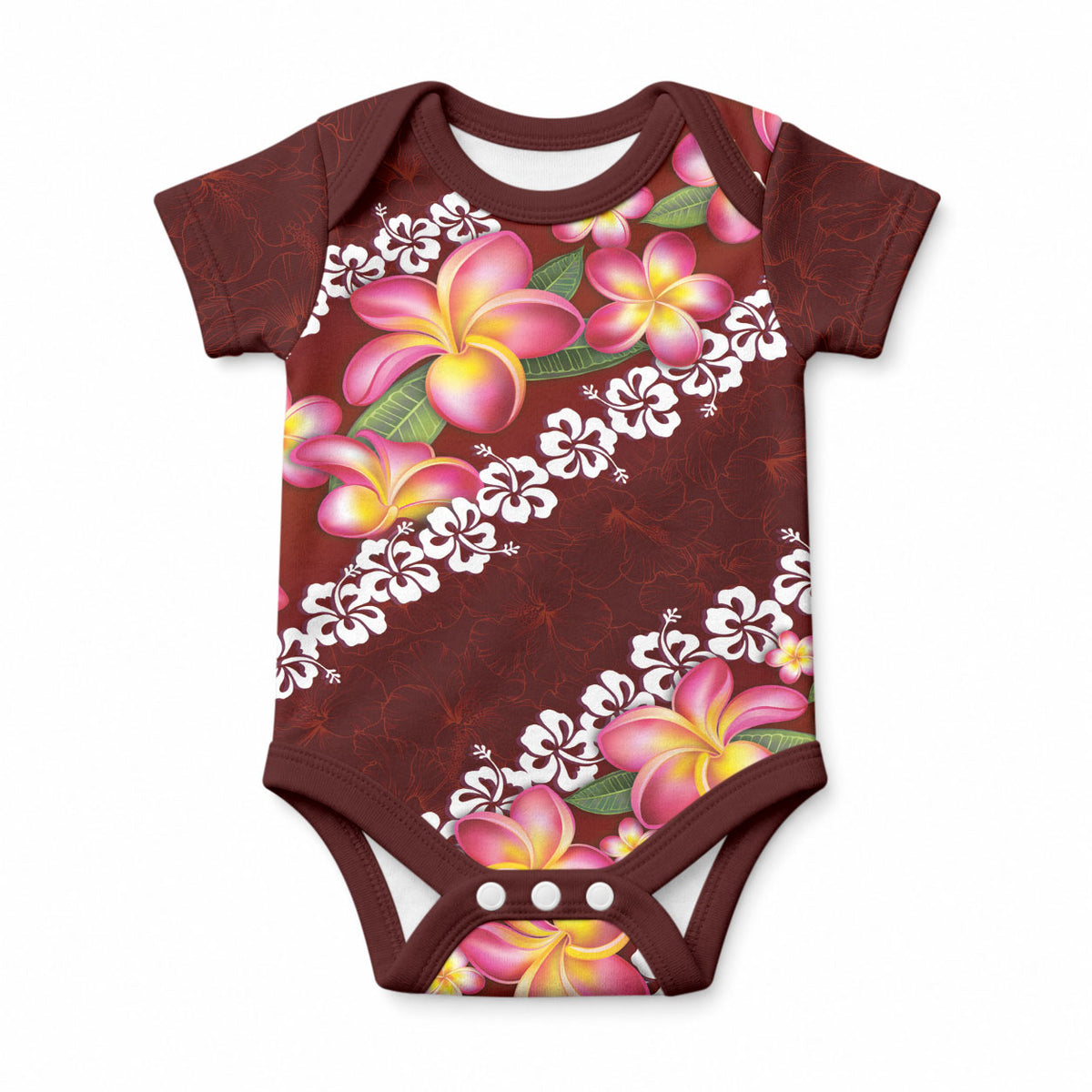 Oxblood Polynesia Baby Onesie Plumeria With Hibiscus Pattern Tropical Vibes LT14 Oxblood - Polynesian Pride