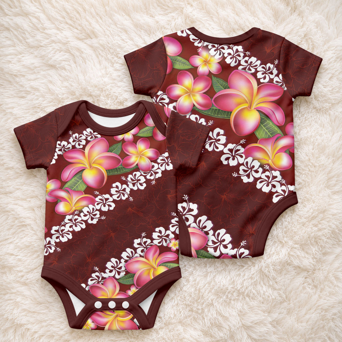 Oxblood Polynesia Baby Onesie Plumeria With Hibiscus Pattern Tropical Vibes LT14 - Polynesian Pride