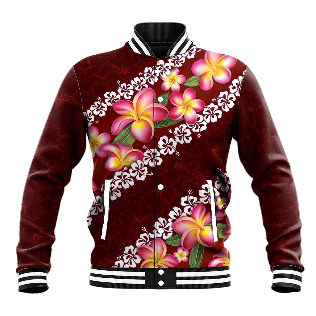 Oxblood Polynesia Baseball Jacket Plumeria With Hibiscus Pattern Tropical Vibes LT14 Unisex Oxblood - Polynesian Pride