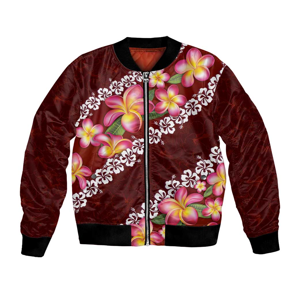 Oxblood Polynesia Bomber Jacket Plumeria With Hibiscus Pattern Tropical Vibes LT14 Unisex Oxblood - Polynesian Pride