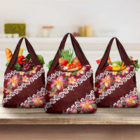 Oxblood Polynesia Grocery Bag Plumeria With Hibiscus Pattern Tropical Vibes LT14 3-pack One Size Oxblood - Polynesian Pride