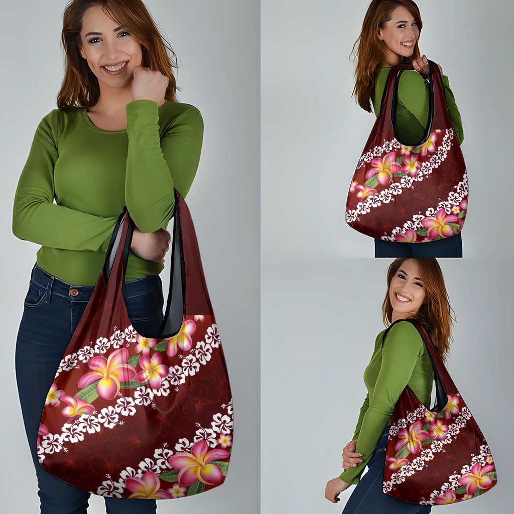 Oxblood Polynesia Grocery Bag Plumeria With Hibiscus Pattern Tropical Vibes LT14 - Polynesian Pride