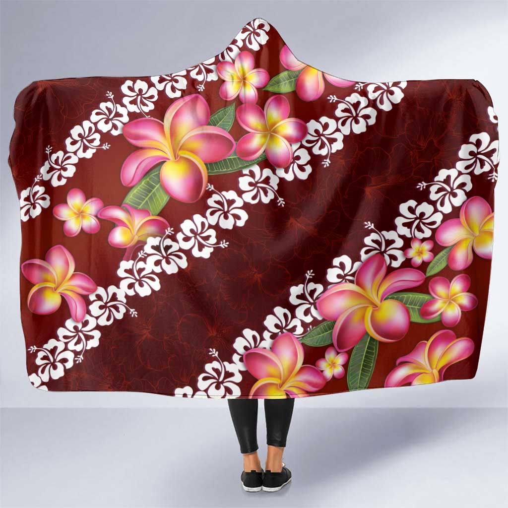 Oxblood Polynesia Hooded Blanket Plumeria With Hibiscus Pattern Tropical Vibes LT14 One Size Oxblood - Polynesian Pride