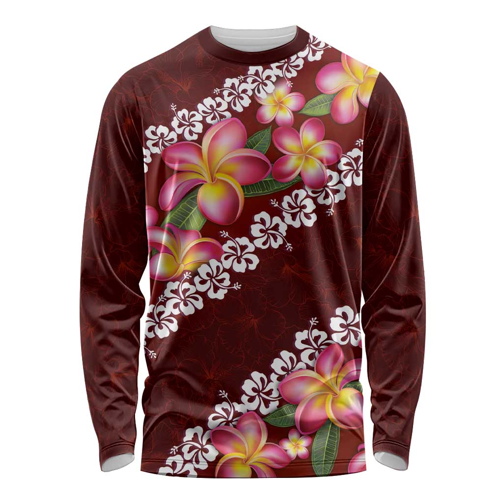 Oxblood Polynesia Long Sleeve Shirt Plumeria With Hibiscus Pattern Tropical Vibes LT14 Unisex Oxblood - Polynesian Pride