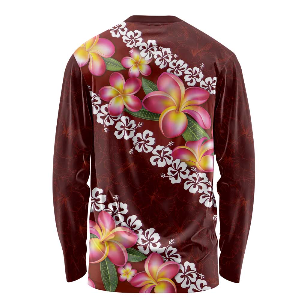 Oxblood Polynesia Long Sleeve Shirt Plumeria With Hibiscus Pattern Tropical Vibes LT14 - Polynesian Pride