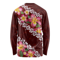 Oxblood Polynesia Long Sleeve Shirt Plumeria With Hibiscus Pattern Tropical Vibes LT14 - Polynesian Pride