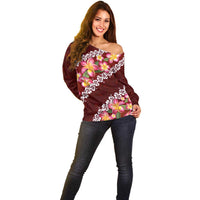 Oxblood Polynesia Off Shoulder Sweater Plumeria With Hibiscus Pattern Tropical Vibes LT14 - Polynesian Pride