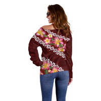 Oxblood Polynesia Off Shoulder Sweater Plumeria With Hibiscus Pattern Tropical Vibes LT14 - Polynesian Pride