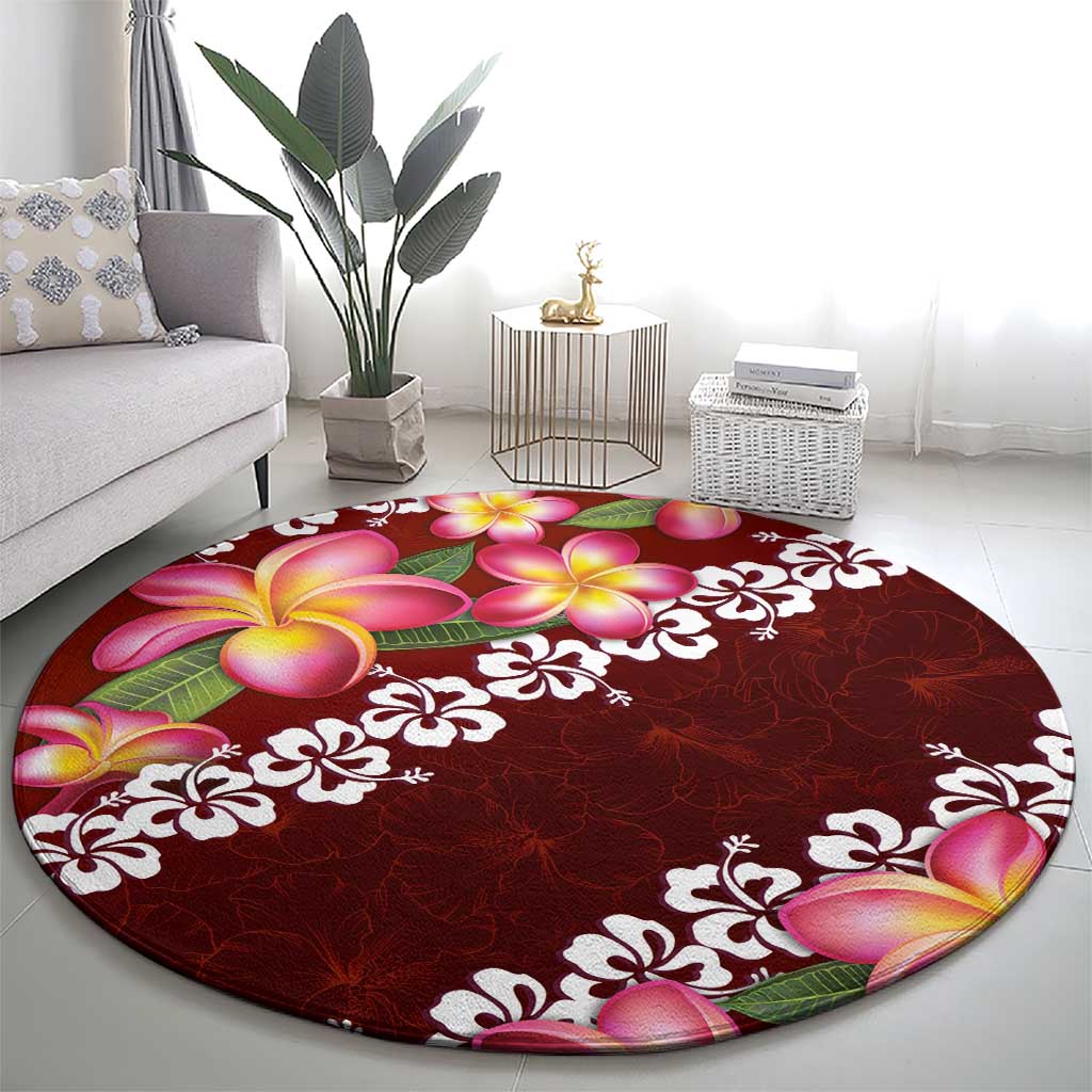 Oxblood Polynesia Round Carpet Plumeria With Hibiscus Pattern Tropical Vibes LT14 - Polynesian Pride