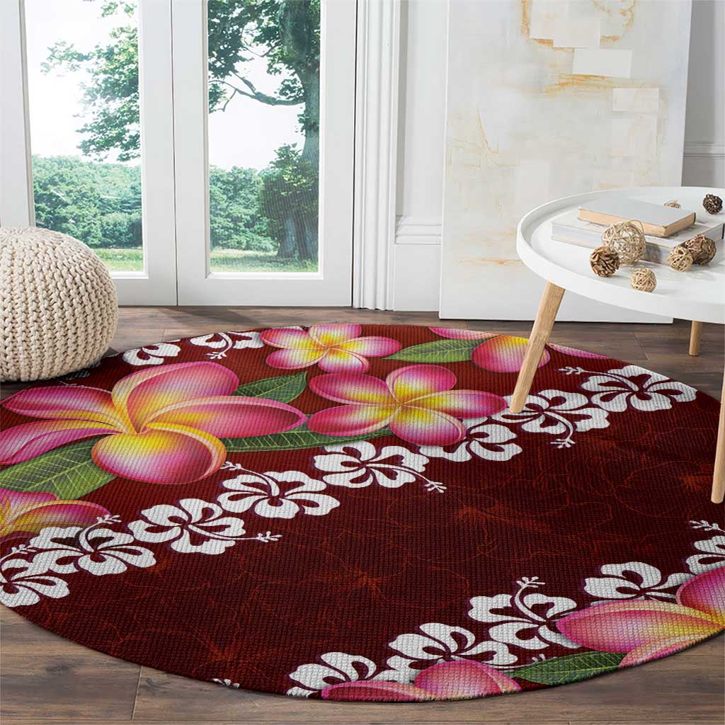 Oxblood Polynesia Round Carpet Plumeria With Hibiscus Pattern Tropical Vibes LT14 - Polynesian Pride