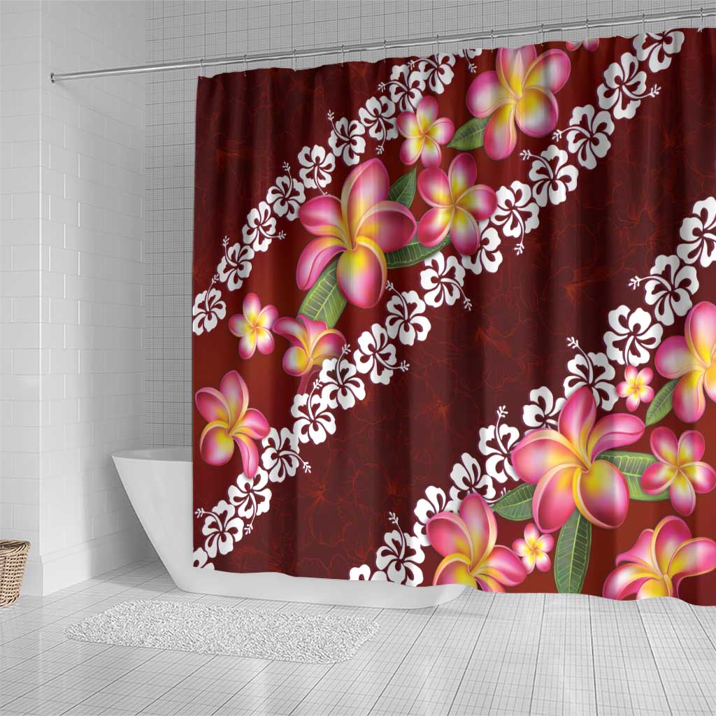 Oxblood Polynesia Shower Curtain Plumeria With Hibiscus Pattern Tropical Vibes LT14 - Polynesian Pride