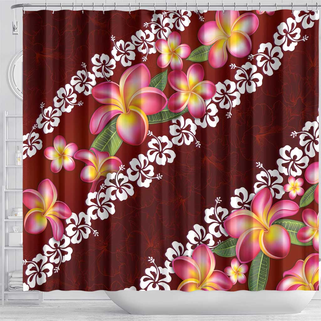 Oxblood Polynesia Shower Curtain Plumeria With Hibiscus Pattern Tropical Vibes LT14 - Polynesian Pride