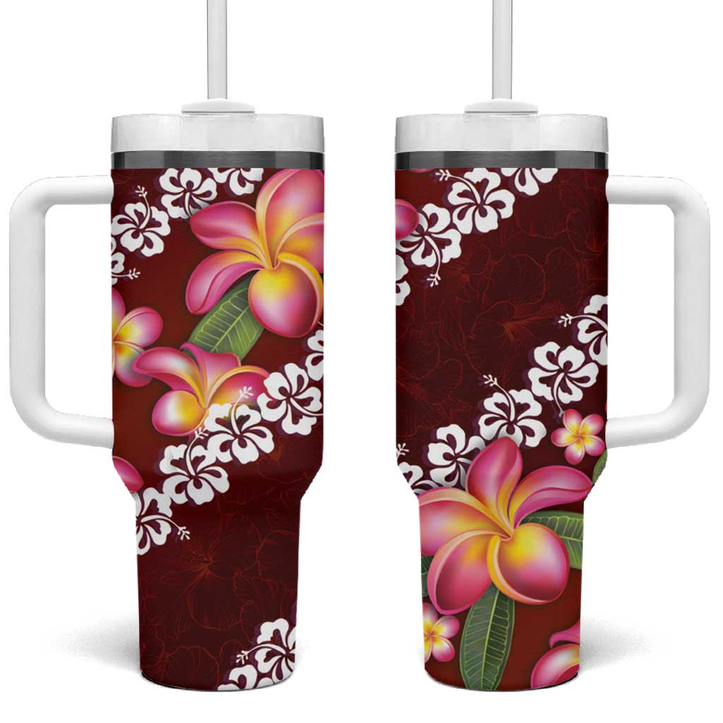Oxblood Polynesia Tumbler With Handle Plumeria With Hibiscus Pattern Tropical Vibes LT14 One Size: 40 oz Oxblood - Polynesian Pride