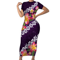 Purple Polynesia Short Sleeve Bodycon Dress Plumeria With Hibiscus Pattern Tropical Vibes LT14 Long Dress Purple - Polynesian Pride