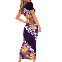 Purple Polynesia Short Sleeve Bodycon Dress Plumeria With Hibiscus Pattern Tropical Vibes LT14 - Polynesian Pride