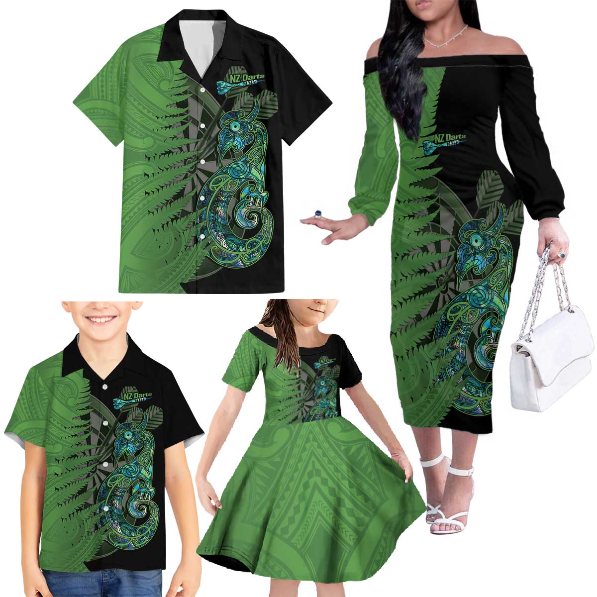 Personalised New Zealand Darts Family Matching Off The Shoulder Long Sleeve Dress and Hawaiian Shirt Aotearoa Maori Fern Mix Manaia Tattoo