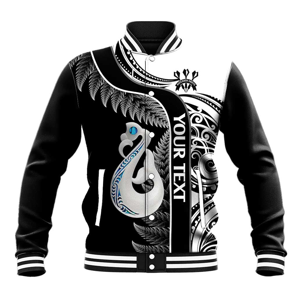 Personalised New Zealand Darts Baseball Jacket Aotearoa Fern Mix Paua Shell Manaia - Black LT14 Unisex Black - Polynesian Pride