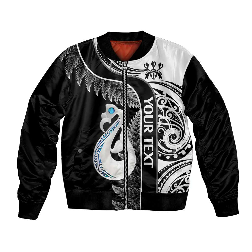Personalised New Zealand Darts Bomber Jacket Aotearoa Fern Mix Paua Shell Manaia - Black LT14 Unisex Black - Polynesian Pride
